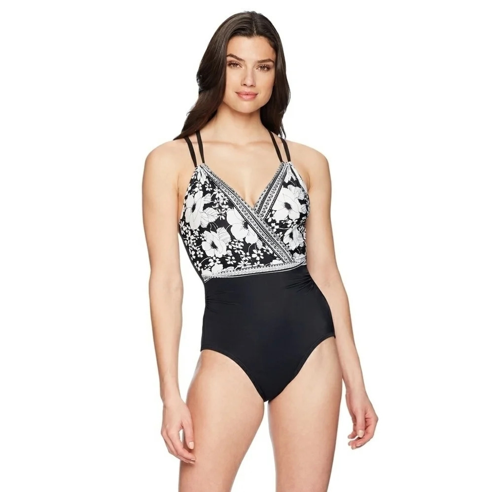 *NWOT* Coastal Blue Halter Wrap Tummy Control Black One Piece